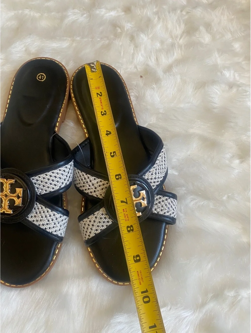 Tory Burch Black and White Slip-On Sandals, Gold Accent 10W